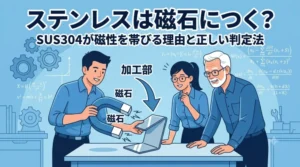 SUS304が加工で磁性を帯びる理由を解説する図