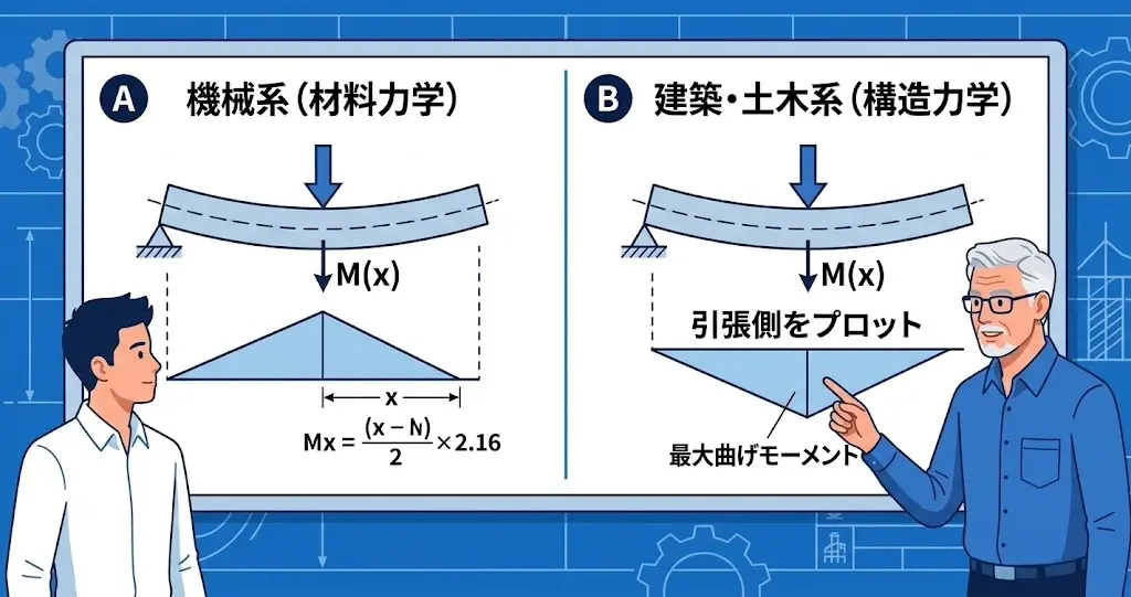 機械系と建築土木系で符号の向きが上下逆になる比較図