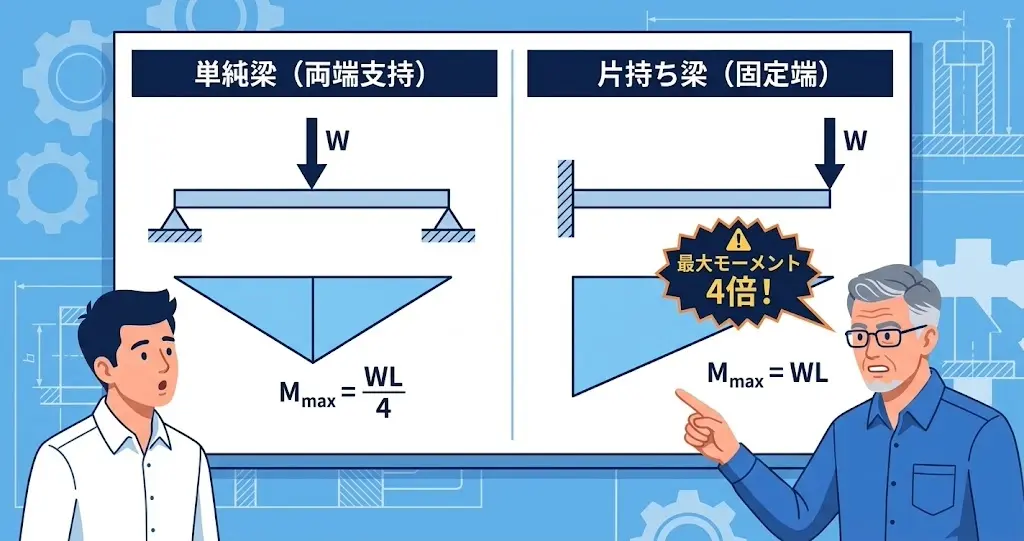 片持ち梁は単純梁の4倍の負担を受けることを示す比較図