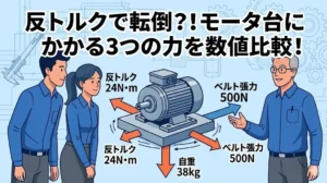 ブログ記事「反トルクで転倒？！モータ台にかかる3つの力を数値比較！」のアイキャッチ画像。モーターと、それを倒そうとする「反トルク」「ベルト張力」「自重」の3つの力の大きさを比較したインフォグラフィック。