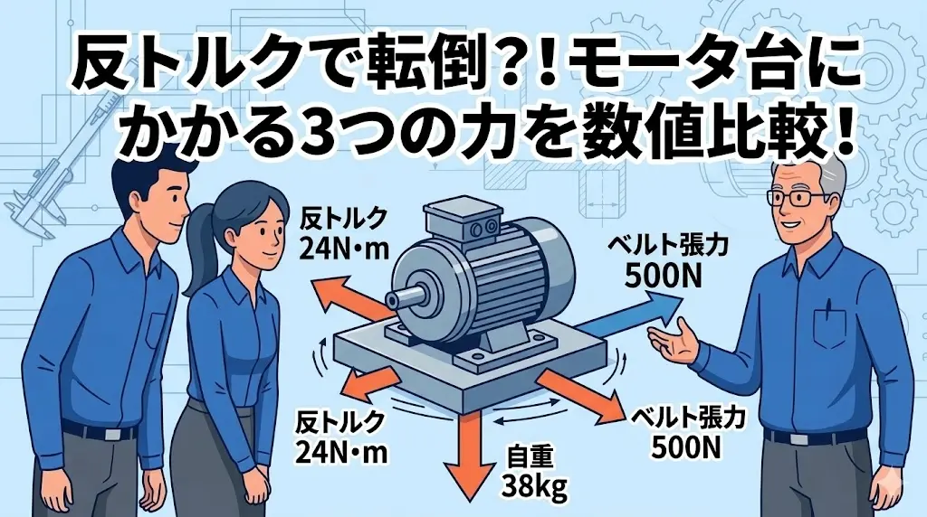 ブログ記事「反トルクで転倒？！モータ台にかかる3つの力を数値比較！」のアイキャッチ画像。モーターと、それを倒そうとする「反トルク」「ベルト張力」「自重」の3つの力の大きさを比較したインフォグラフィック。