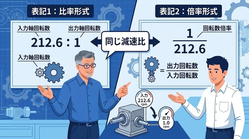 比の表記212.6対1と倍率表記1/212.6の違いを示す図
