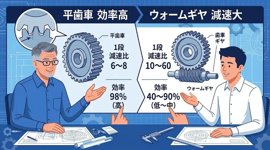 平歯車の1段実用限界6〜8と段数による伝達効率の低下比較表