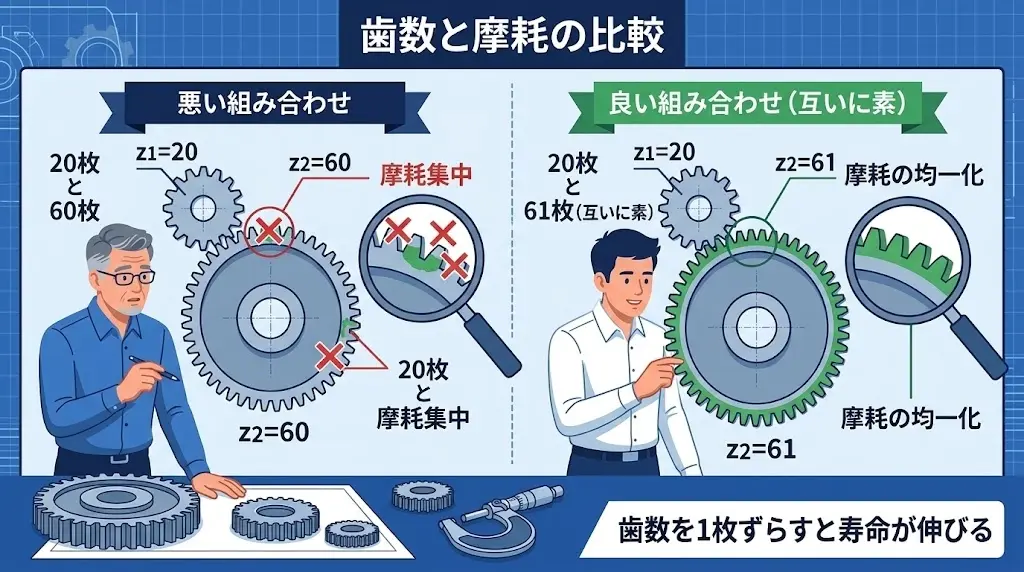 歯数を互いに素にして摩耗を分散させるハンチングトゥースの原理