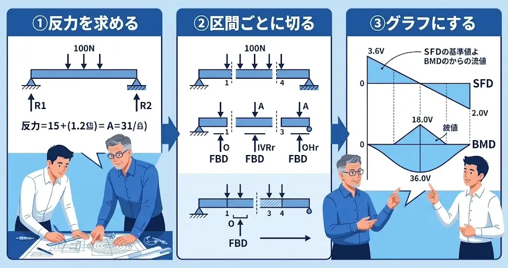 曲げモーメント図を反力・区間切断・作図の3手順で示すフロー図