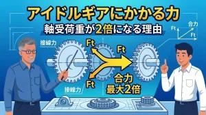 アイドルギアにかかる軸受荷重が2倍になる仕組みを解説する図。