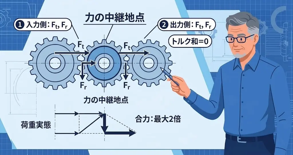 アイドルギアがトルク0でも接線力を素通りさせる力の中継図。