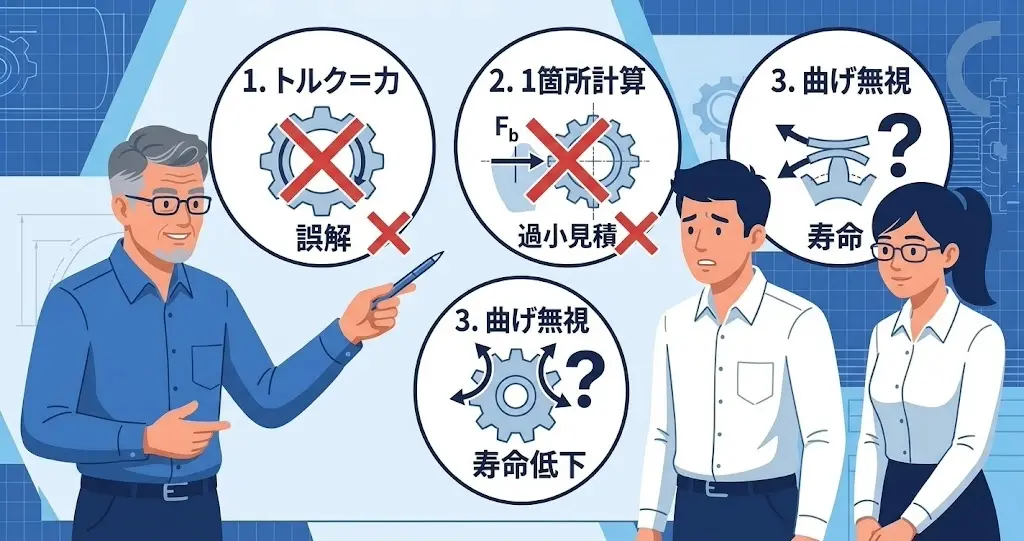 中間歯車の強度計算で起こりやすい3大設計ミスをまとめた図。