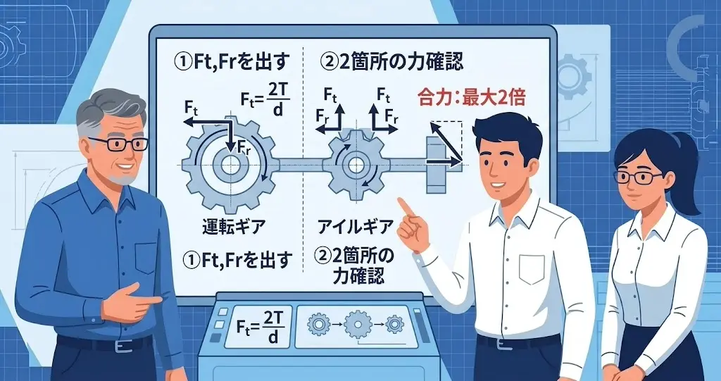 アイドルギアの軸受荷重を接線力と分離力から合成する3段階図。