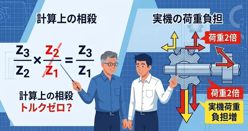 減速比の計算式から歯数が消えることと荷重の実態を比較した図。