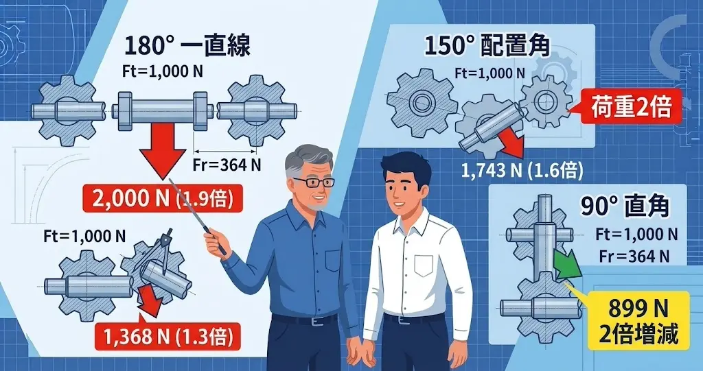 アイドルギアの配置角による軸受荷重の変化を比較したレイアウト図。