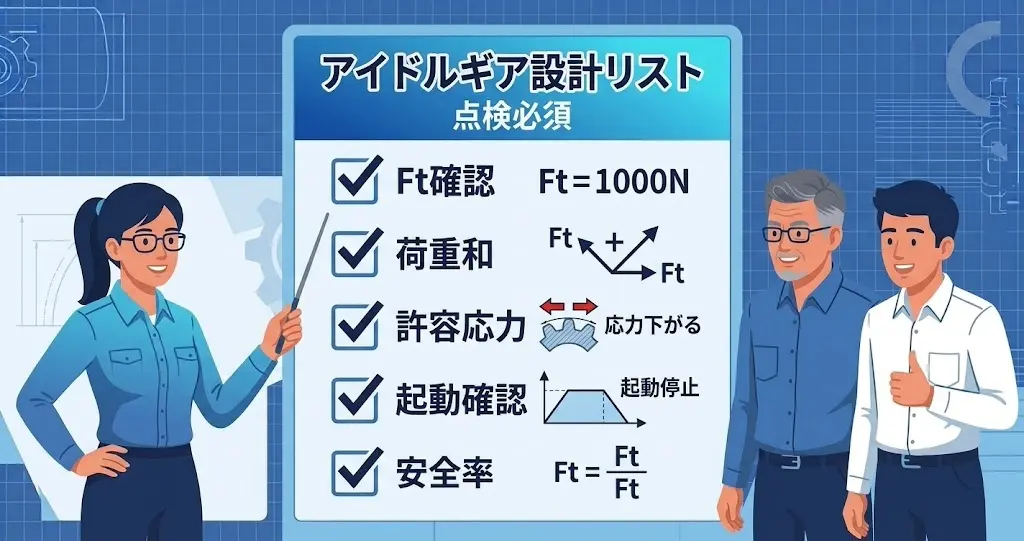 アイドラギヤ設計時の荷重合力や両振り応力を点検する確認票。