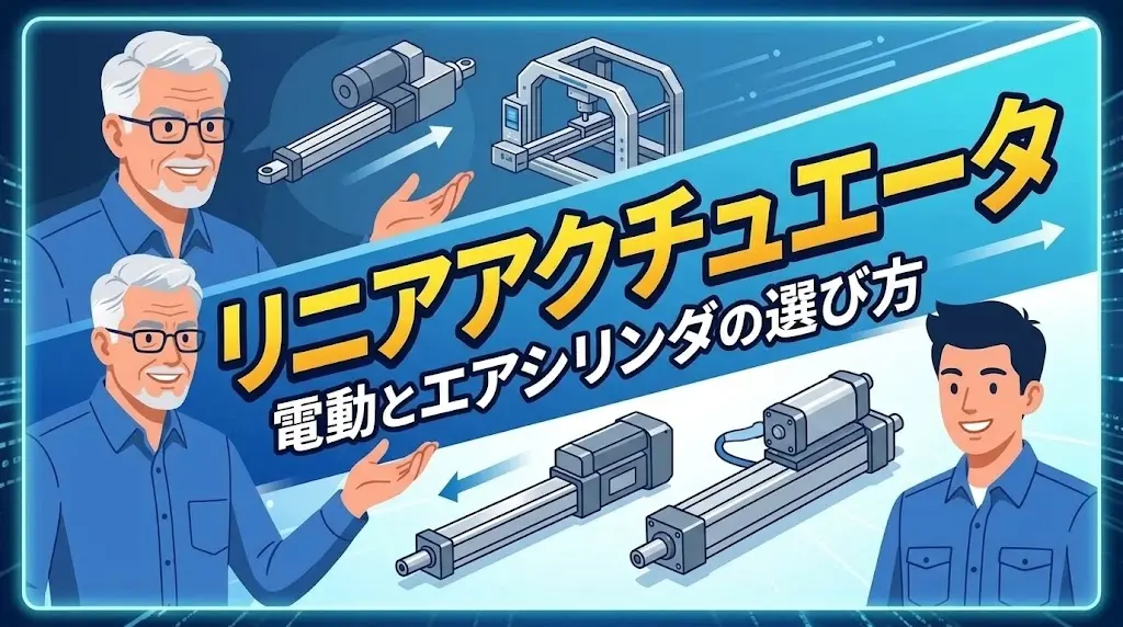 リニアアクチュエータの選び方を解説する技術者と装置のイラスト