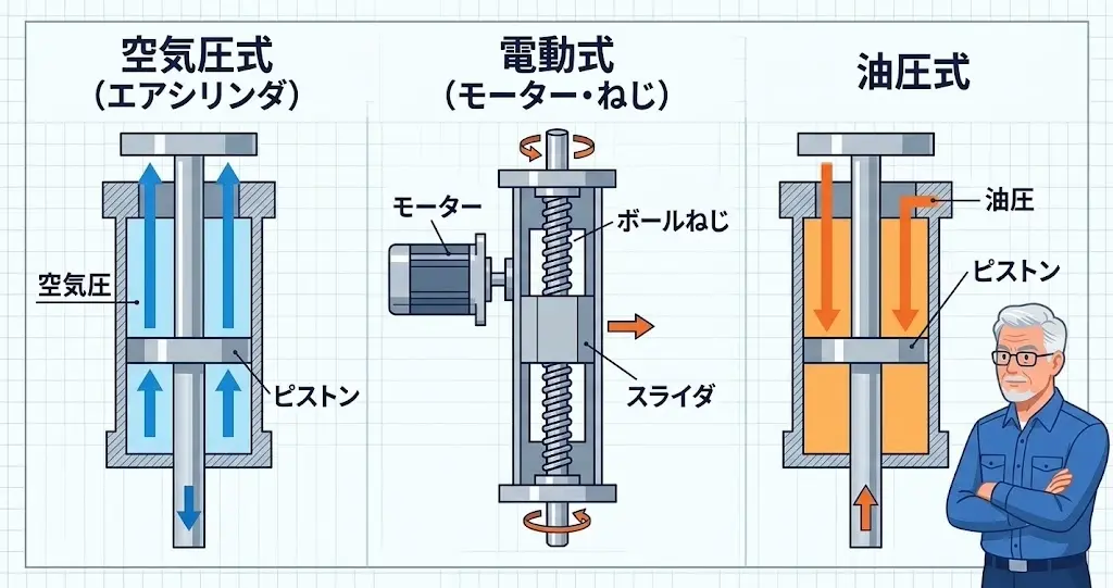 空気圧・電動・油圧という3つの駆動方式を比べた仕組み図