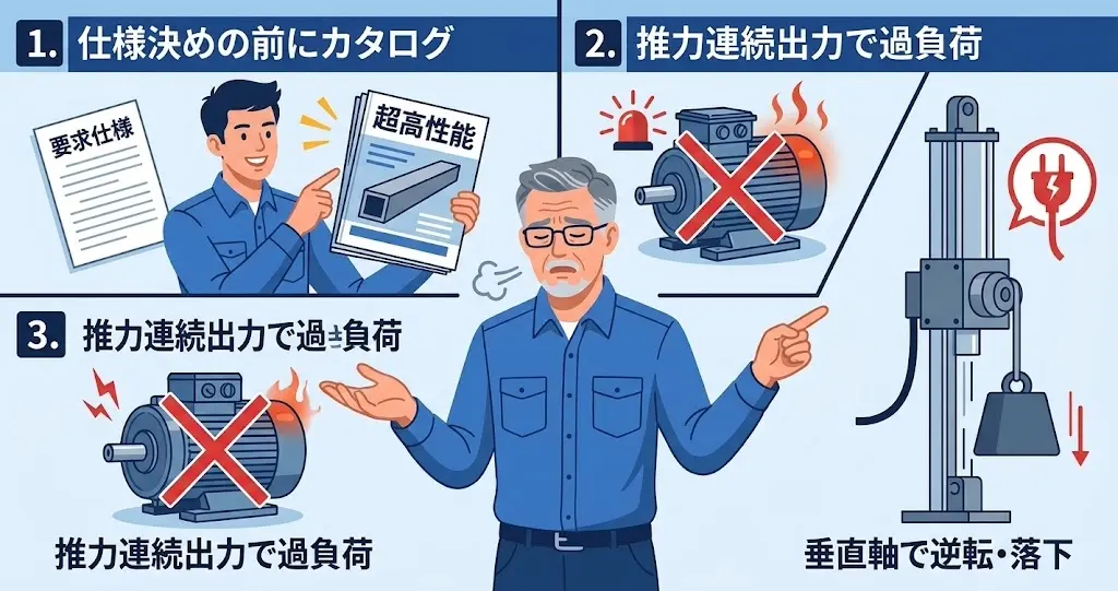 リニアアクチュエータ選定で失敗する3つの原因を整理した図