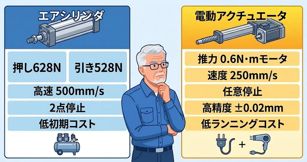 推力や速度でエアシリンダと電動シリンダを比較した一覧図