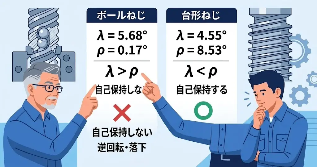 ボールねじと台形ねじの自己保持を計算で判定する手順の図