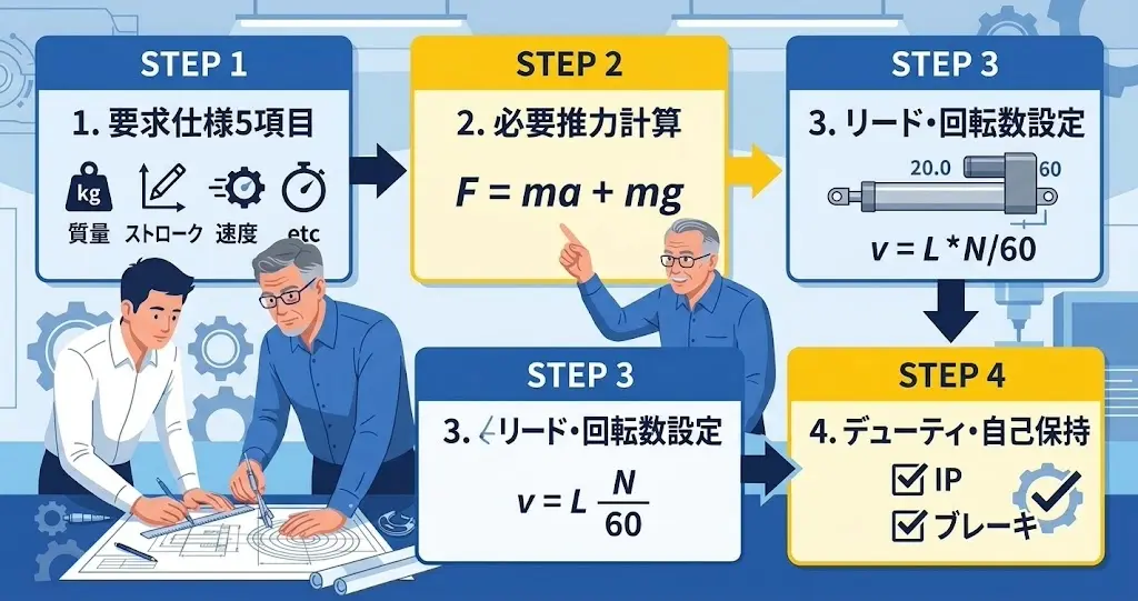 要求整理から推力・速度・確認まで選定手順を示す4段階図