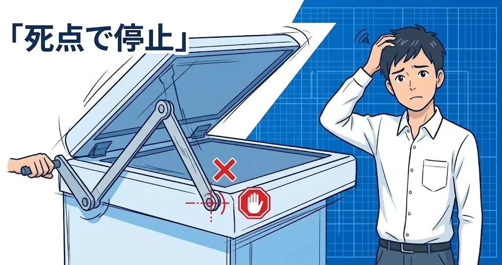 死点で止まるリンク機構のカバー開閉に悩む若手技術者