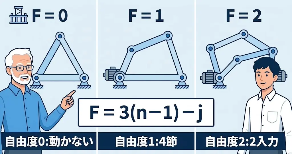 リンク機構の自由度をグルブラーの式で計算する比較図解