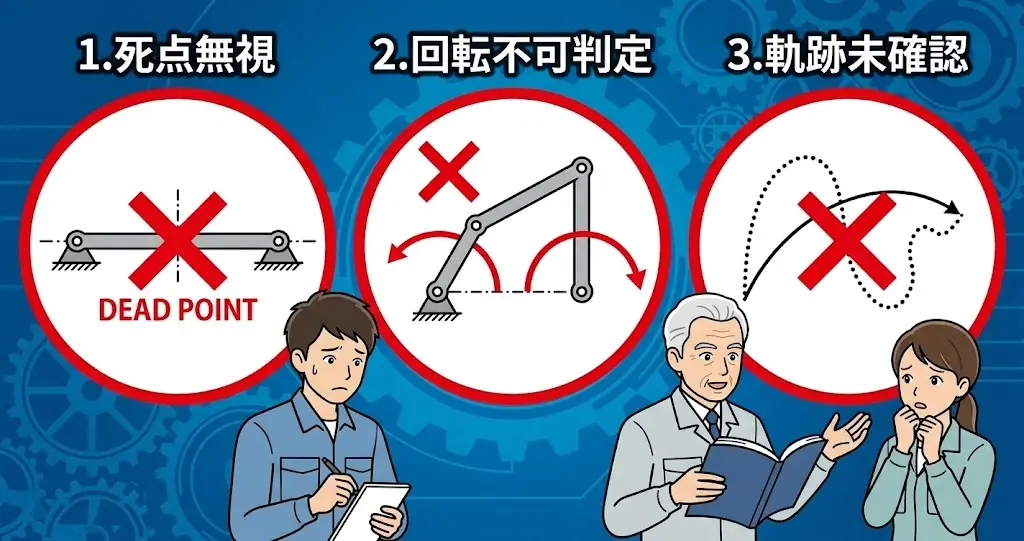 回転可否や死点などリンク設計でつまずく3大原因の図