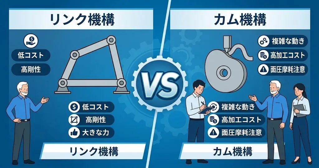 リンク機構とカム機構の特徴やコストの違いを比較した図