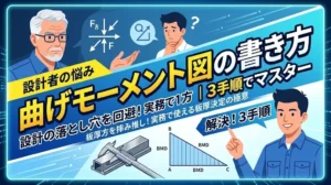 梁の曲げモーメント図と板厚の関係を学ぶ若手設計者のイラスト