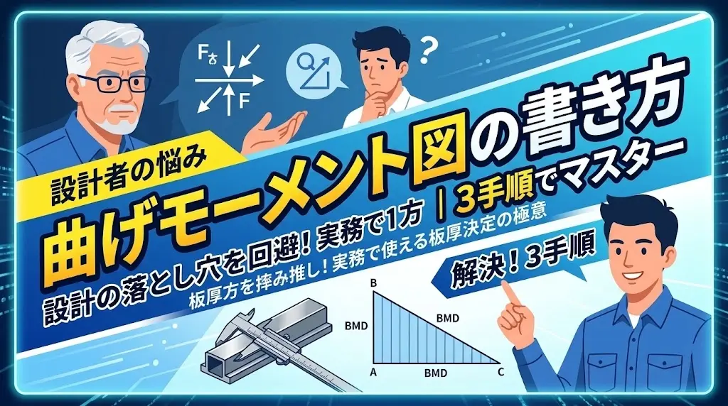 梁の曲げモーメント図と板厚の関係を学ぶ若手設計者のイラスト
