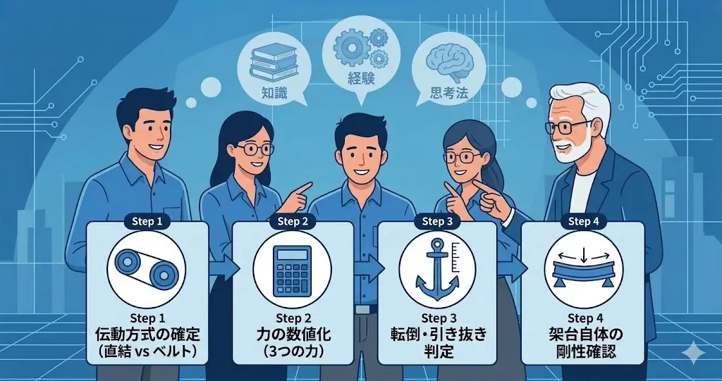 モータ台の設計手順を4つのステップ(伝動方式確定、力の数値化、転倒・引き抜き判定、剛性確認)でまとめたワークフロー図。設計者3人が協力して進めるイラスト