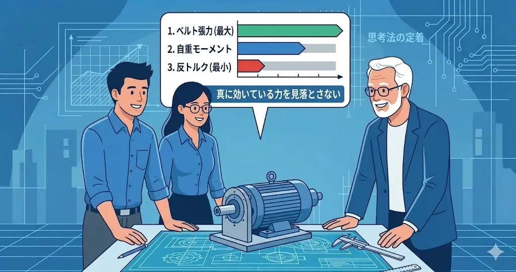 ブログのまとめ。モータ台の設計において、反トルクは発生するが、ベルト張力などの他の力が支配的であることを理解した設計者のイラスト