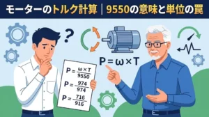 異なるトルク計算式に悩む若手と解説するベテラン技術者