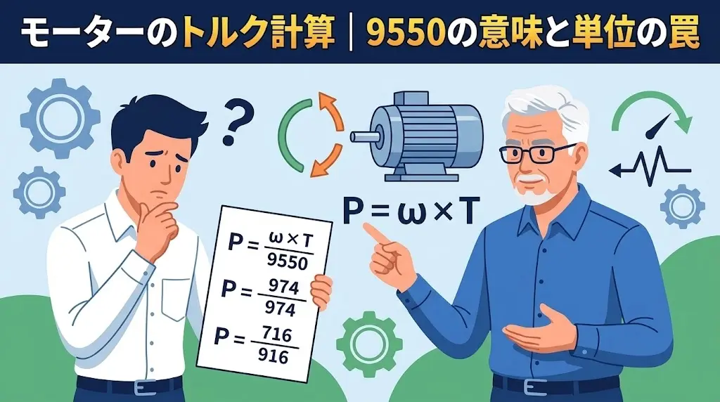 異なるトルク計算式に悩む若手と解説するベテラン技術者