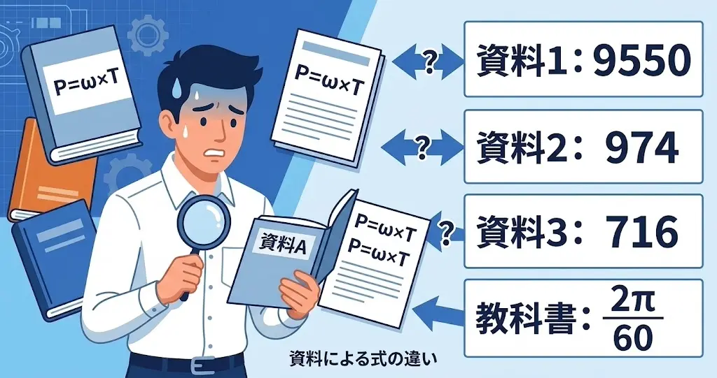 異なる定数を持つ複数のトルク計算式に混乱する技術者のイラスト