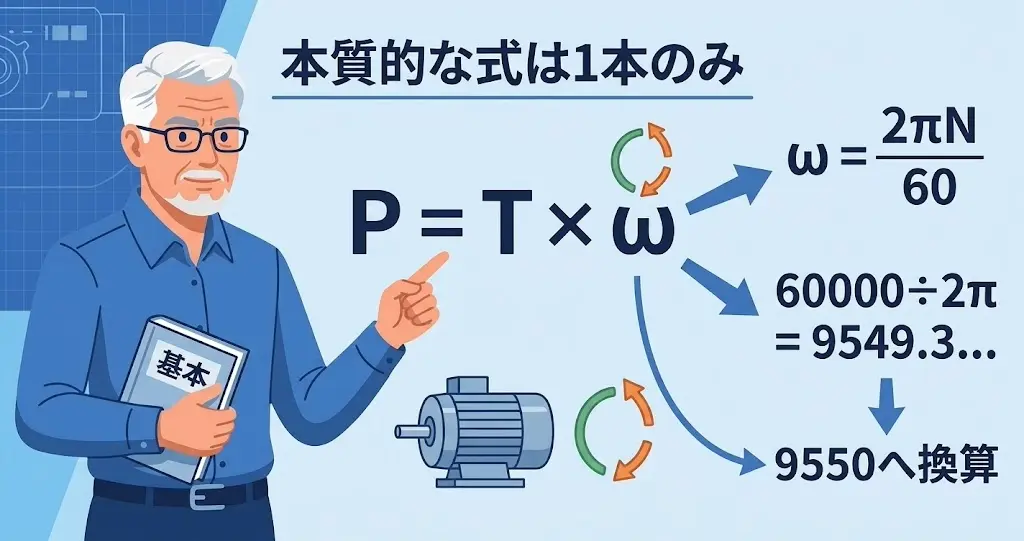 基本式P=Tωから定数9550を導出する過程を解説する図解
