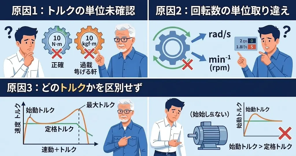 単位未確認、回転数誤認、トルク種別混同という3つの失敗原因の図解