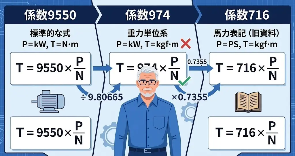 単位系や出力表記の違いによる3つの定数(9550,974,716)の使い分け