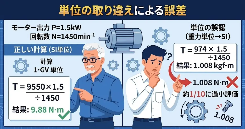 N・mとkgf・mを取り違えた際の計算結果の大きな誤差を示す図解