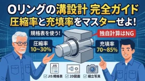 Oリングの溝と圧縮率の関係を解説する技術者のイラスト