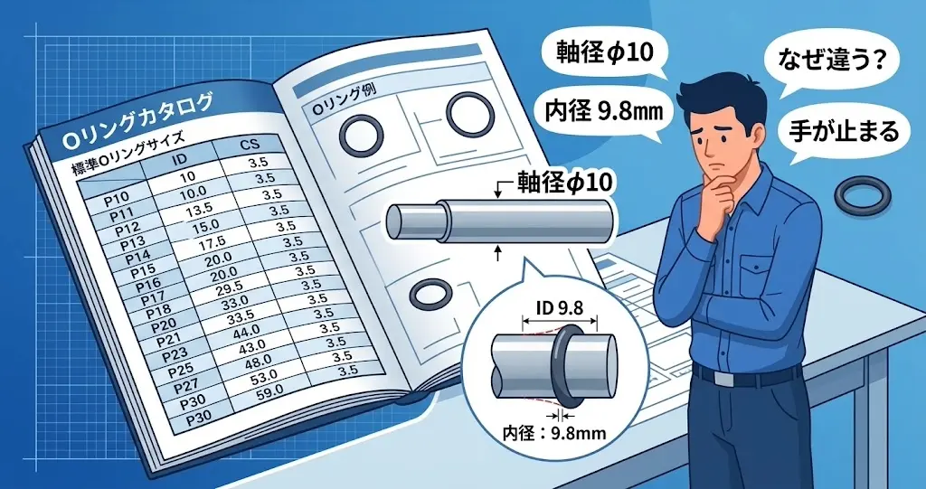 軸径とOリング内径が一致せず戸惑う若手設計者の様子