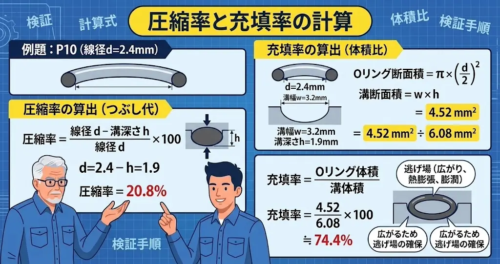 圧縮率20.8%と充填率74.4%を求める計算式の図解
