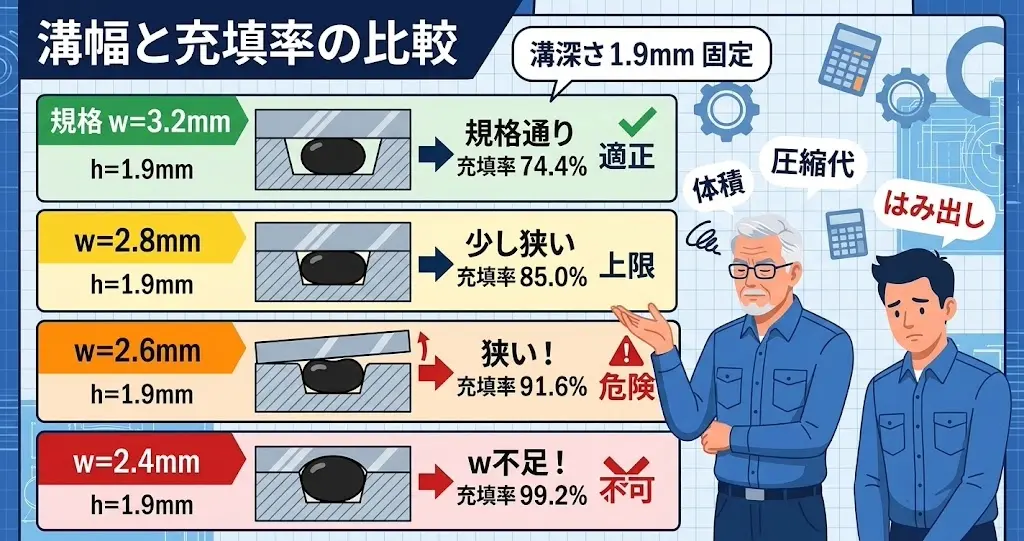 溝幅を詰めると充填率が91.6%まで上がることを示す比較表