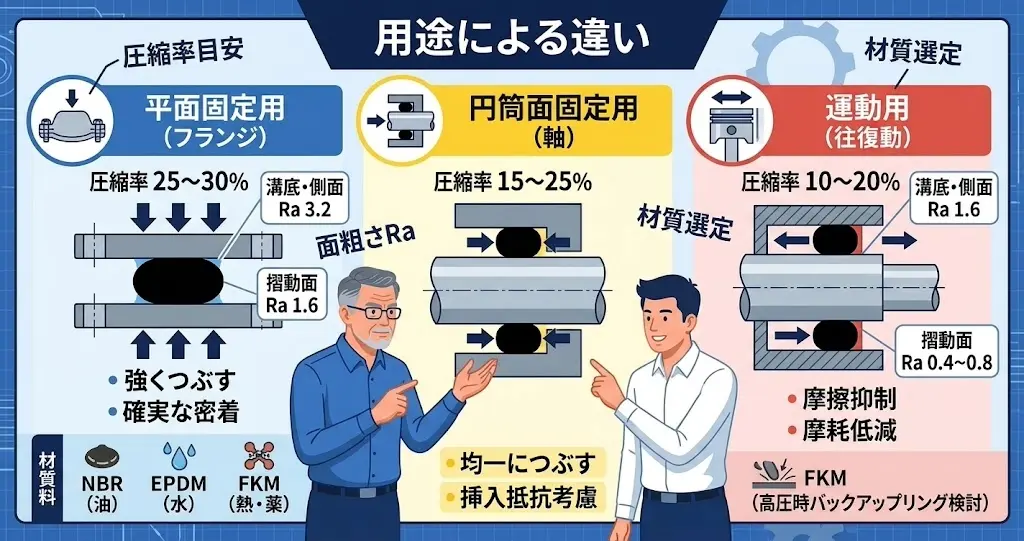 固定用と運動用で圧縮率と材質がどう変わるかの一覧