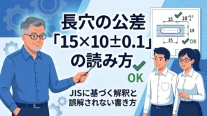 長穴の公差「15×10±0.1」の読み方を解説するアイキャッチ図解