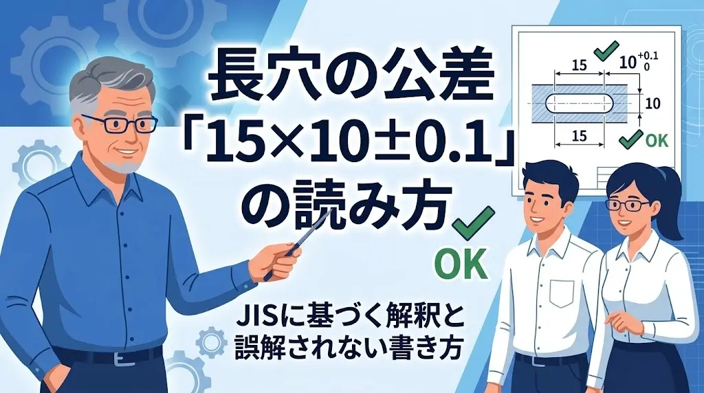 長穴の公差「15×10±0.1」の読み方を解説するアイキャッチ図解