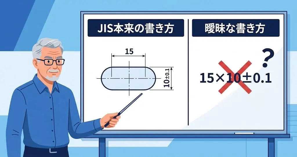 長穴の公差をJIS本来の書き方と曖昧な一行表記で比べた図