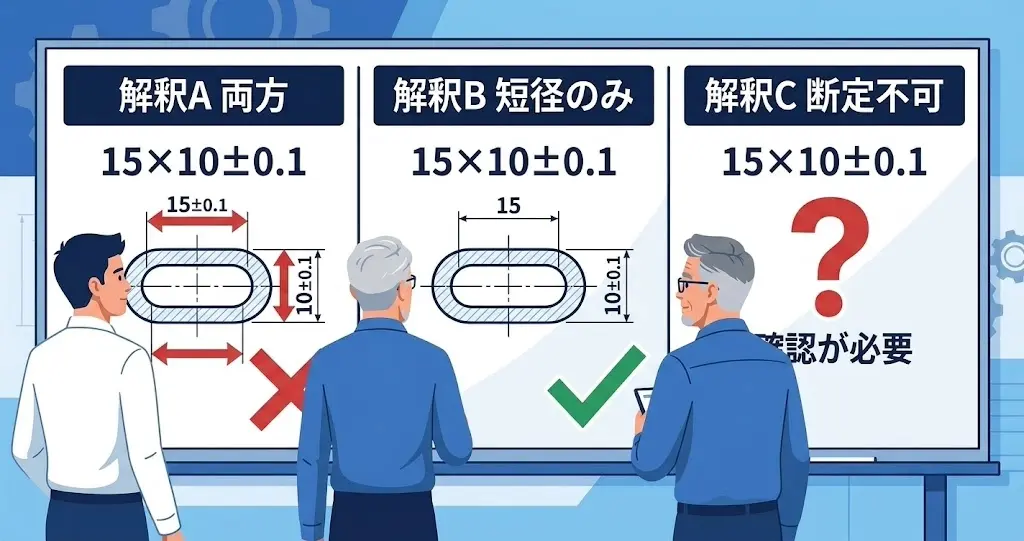 解釈A両方・B短径のみ・C断定不可を長円の図で比べた検証図