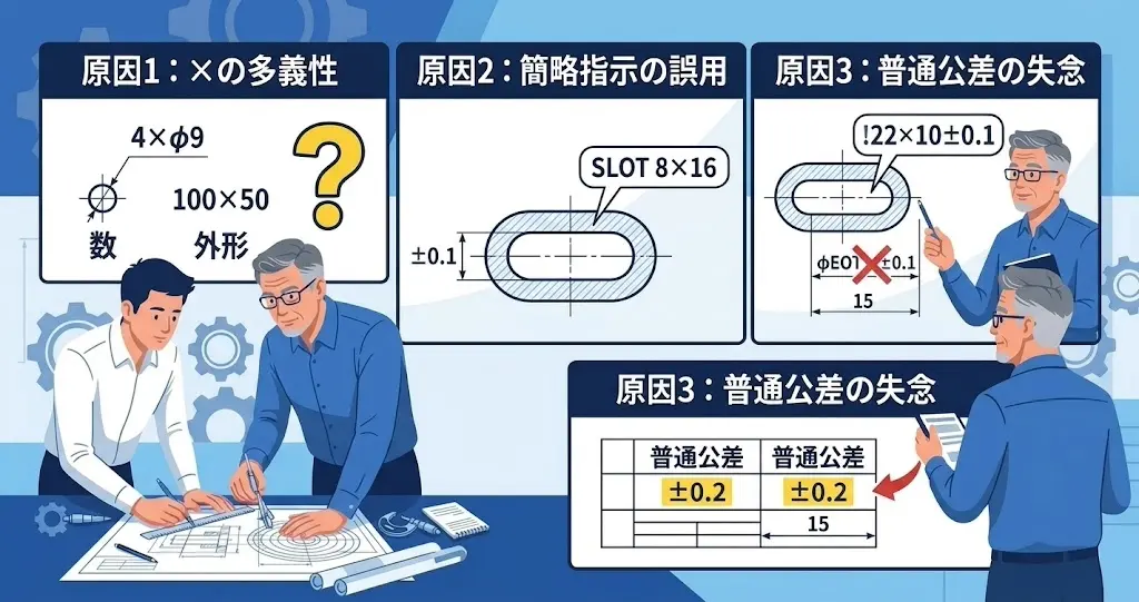 ×の多義性・簡略指示の誤用・普通公差の失念という3つの原因