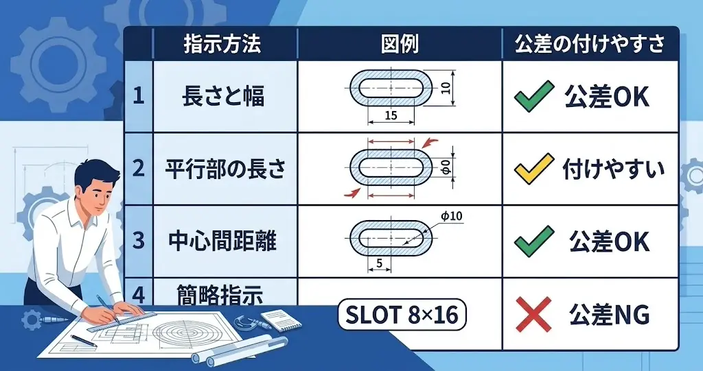 長円の穴の4つの指示方法と公差の付けやすさを並べた比較表