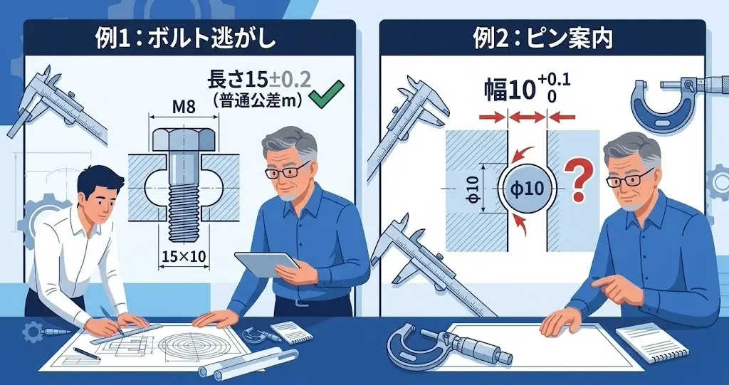 ボルト逃がしとピン案内で長穴の幅と長さの公差を比べた例