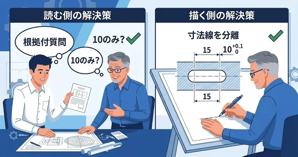 読む側は根拠付きで質問し、描く側は寸法線を分ける解決策の図
